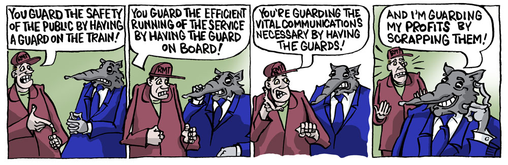RMT cartoon -- 2016 09 -- guards on trains